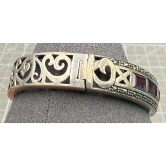 Vintage Sterling Silver Filigree Hinged Bracelet 925 Red Glass Stones Art Deco S - Picture 1 of 11